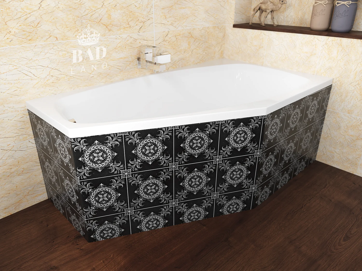 Baignoire asymétrique 140x80 Droite MARIKA acrylique blanc, sans Habillage + Pieds + Vidage à chromé