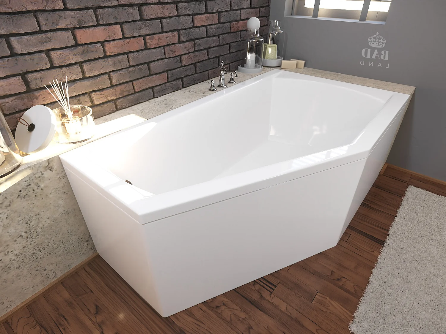 Baignoire asymétrique 160x90 Droite SELENA acrylique blanc, sans Habillage + Pieds + Vidage à chromé