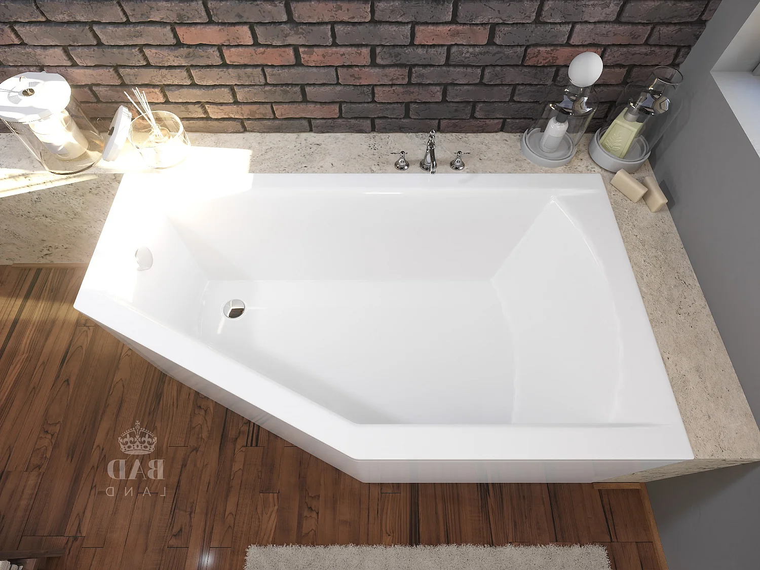 Baignoire asymétrique 160x90 Droite SELENA acrylique blanc, sans Habillage + Pieds + Vidage à chromé