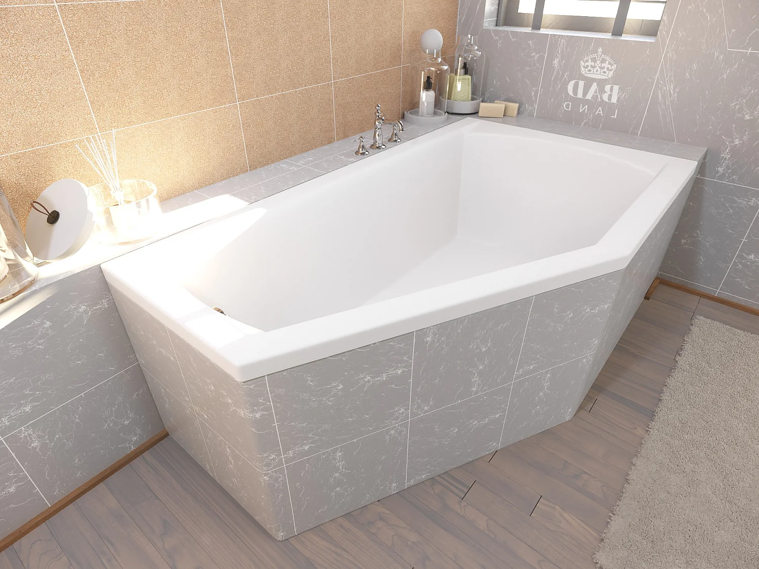 Baignoire asymétrique 160x90 Droite SELENA acrylique blanc, sans Habillage + Pieds + Vidage à chromé