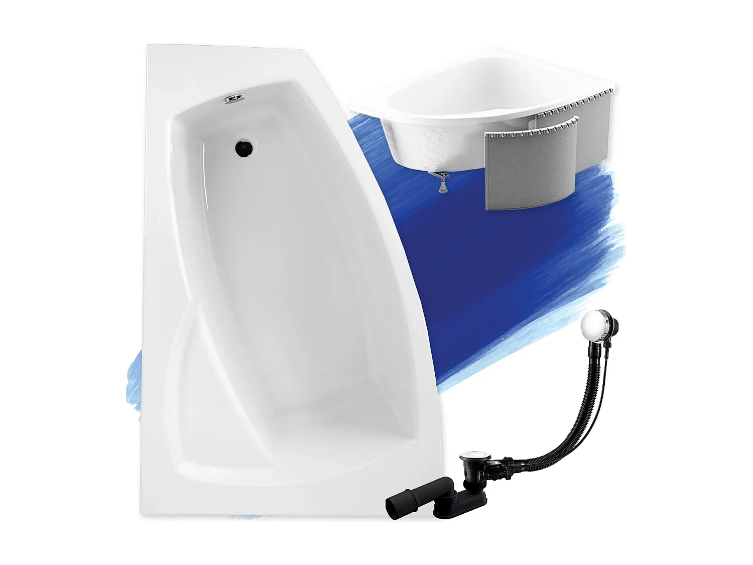 Baignoire asymétrique 160x105 Gauche FRIDA acrylique blanc + Habillage en polystyrène + Pieds + Vidage à chromé