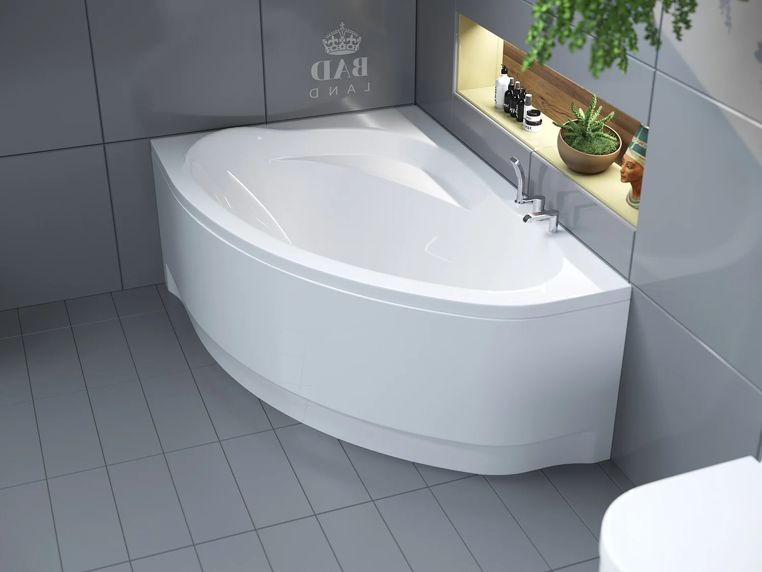 Baignoire asymétrique 160x100 Gauche MAREA acrylique blanc, sans Habillage + Pieds + Vidage à chromé