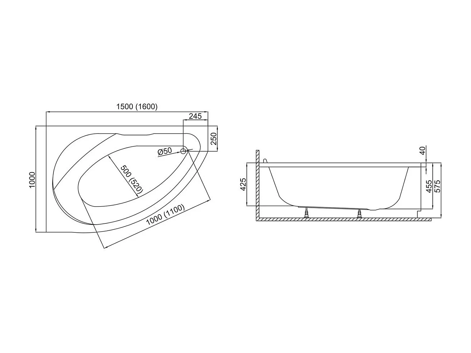 Badewanne Eckwanne MAREA 160x100 Rechts | Ablauf & Füße GRATIS !