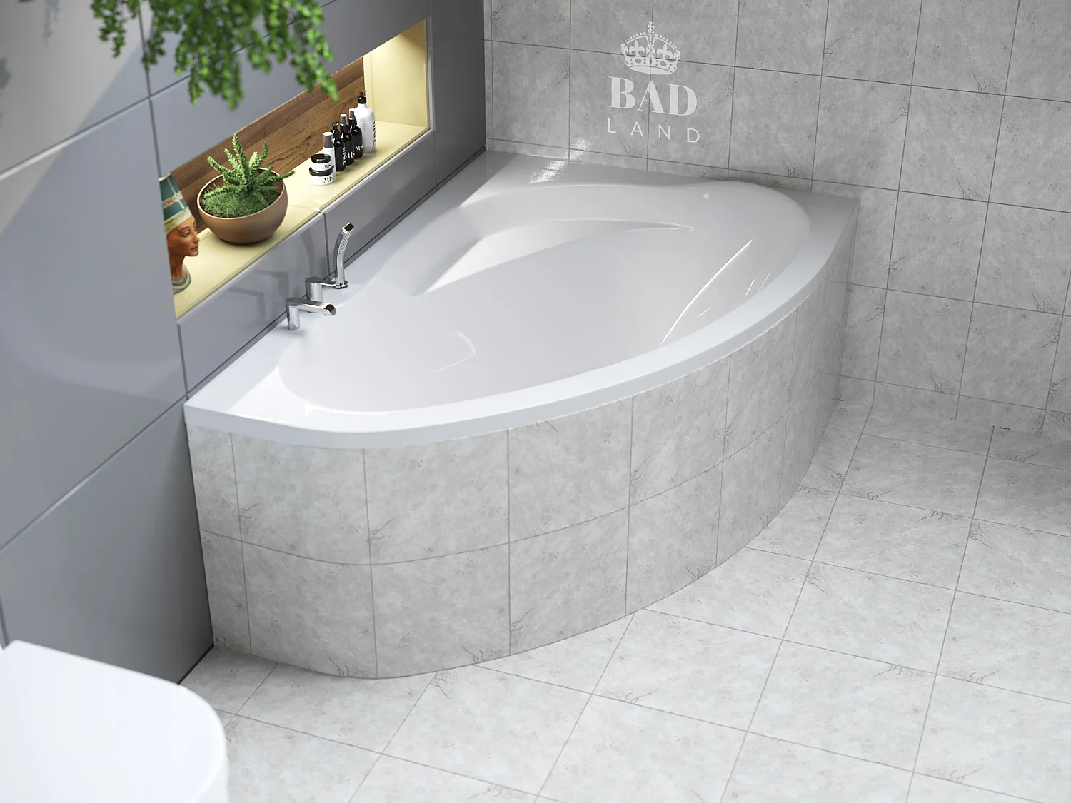 Baignoire asymétrique 160x100 Droite MAREA acrylique blanc, sans Habillage + Pieds + Vidage à chromé