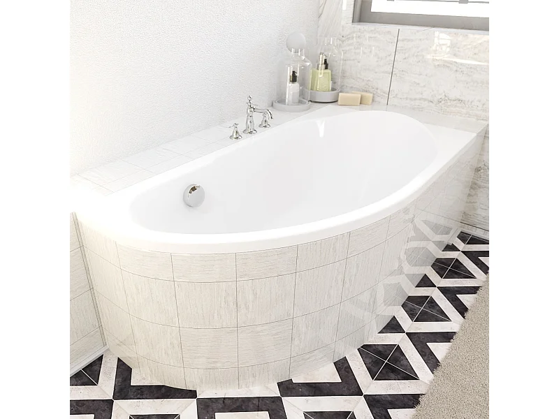 Baignoire asymétrique 145x85 Droite MIKI acrylique blanc + Habillage en polystyrène + Pieds + Vidage à chromé