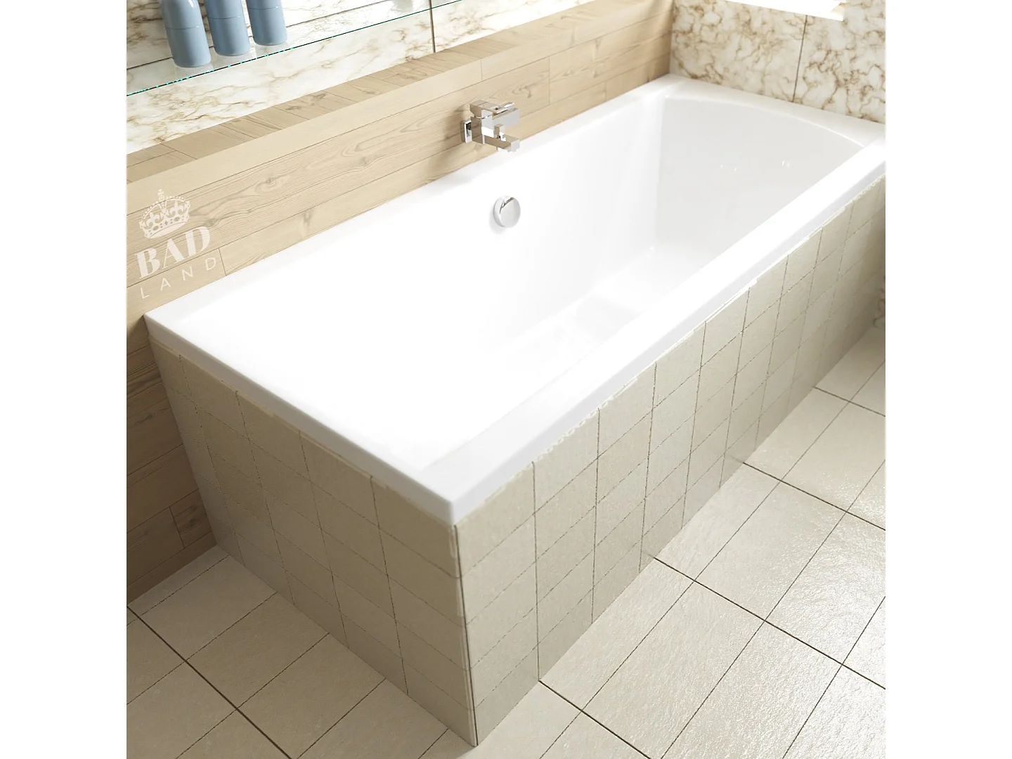 Baignoire rectangulaire 170x75 INES acrylique blanc + Support stabilisateur en polystyrène + Pieds + Vidage à chromé