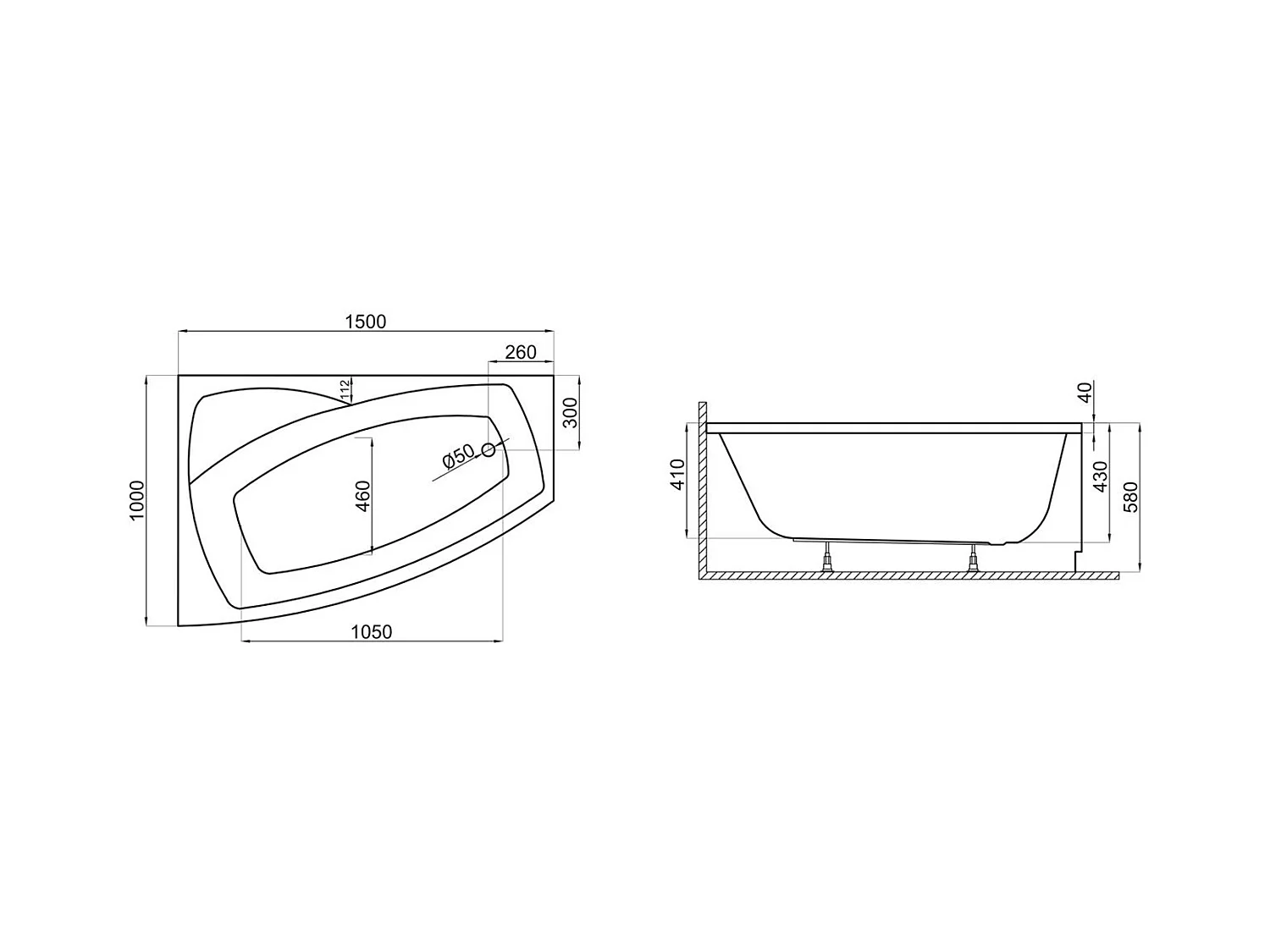 Badewanne Eckwanne FRIDA 150x100 Links | Ablauf & Füße GRATIS !