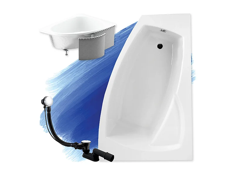 Baignoire asymétrique 160x105 Droite FRIDA acrylique blanc + Habillage en polystyrène + Pieds + Vidage à chromé