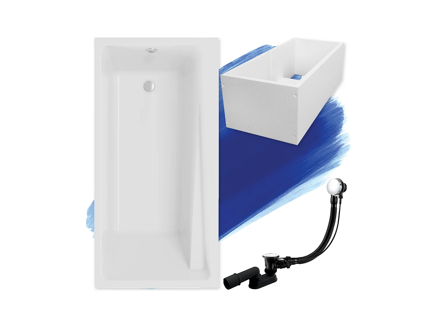 Baignoire rectangulaire 150x70 ELZA acrylique blanc + Support stabilisateur en polystyrène + Pieds + Vidage à chromé