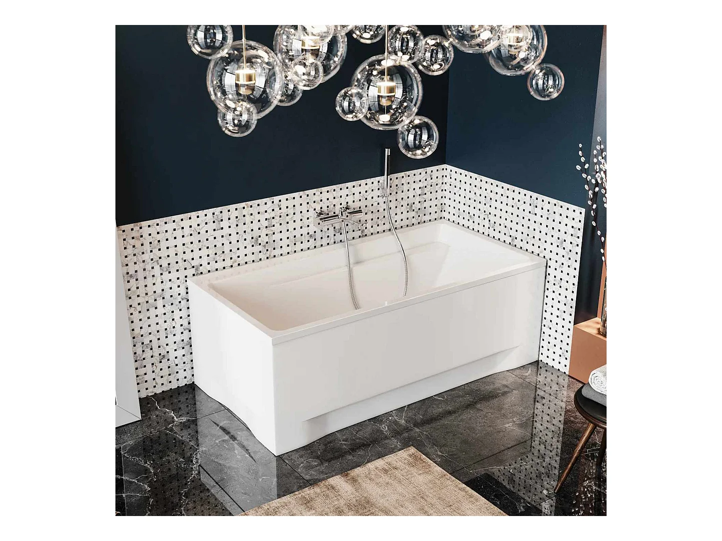 Baignoire rectangulaire 150x70 ELZA acrylique blanc + Support stabilisateur en polystyrène + Pieds + Vidage à chromé