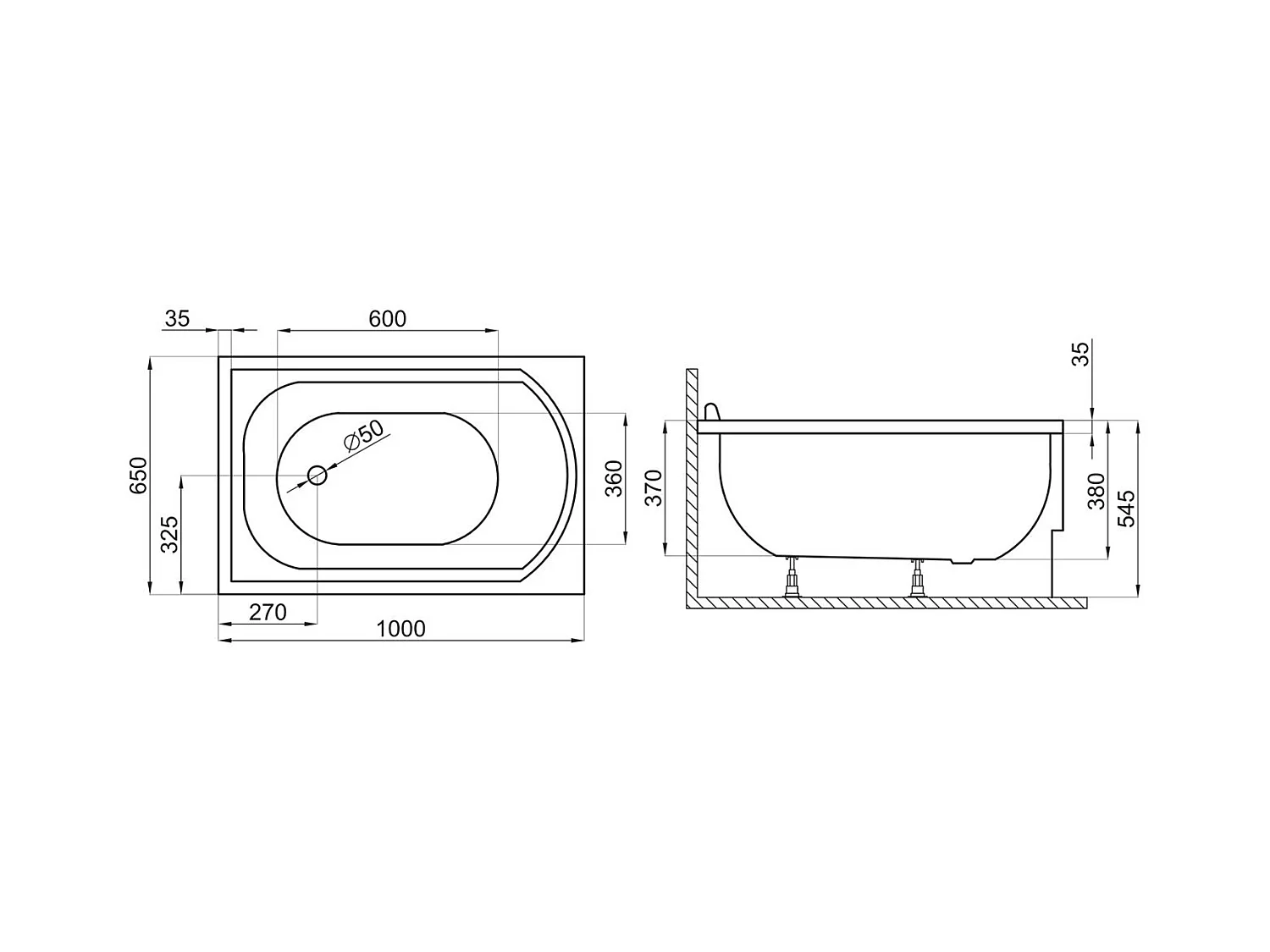 Baignoire rectangulaire 100x65 MINI acrylique blanc + avec Tablier + Pieds + Vidage à chromé