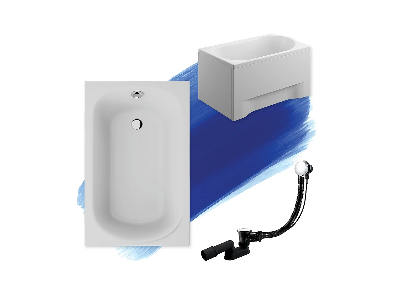 Baignoire rectangulaire 100x65 MINI acrylique blanc + avec Tablier + Pieds + Vidage à chromé