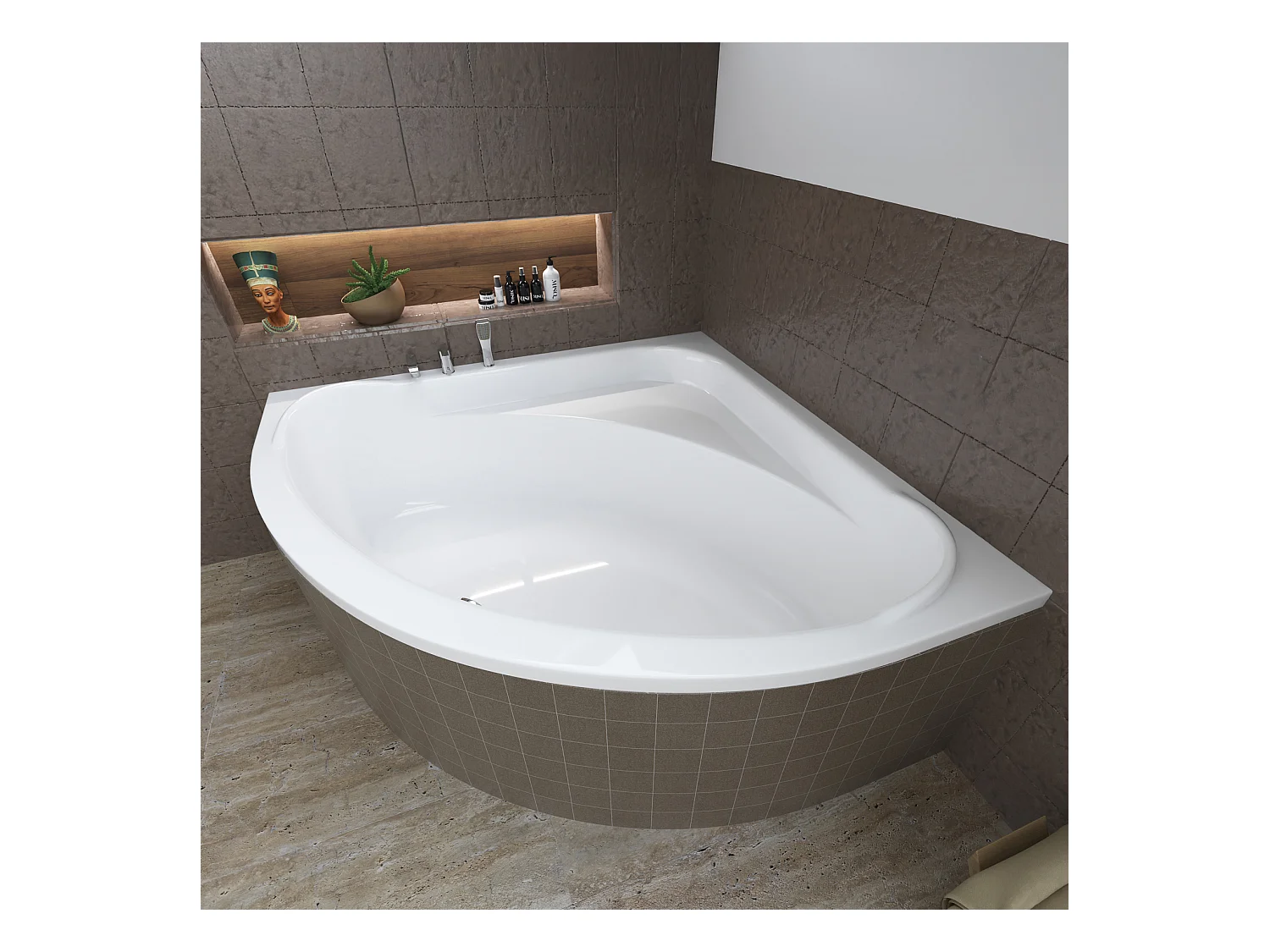 Baignoire asymétrique 140x140 STANDARD acrylique blanc + Habillage en polystyrène + Pieds + Vidage à chromé