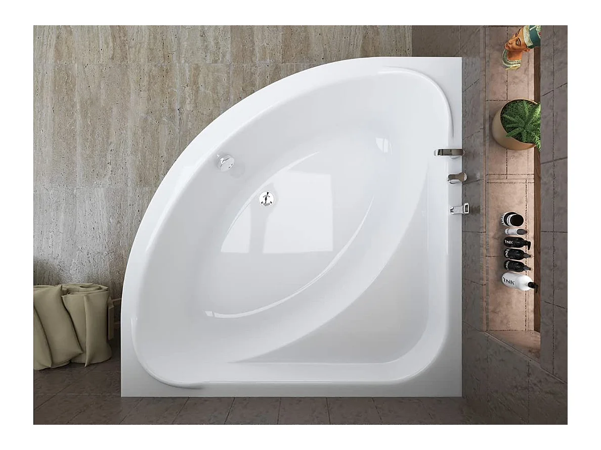 Baignoire asymétrique 140x140 STANDARD acrylique blanc + Habillage en polystyrène + Pieds + Vidage à chromé