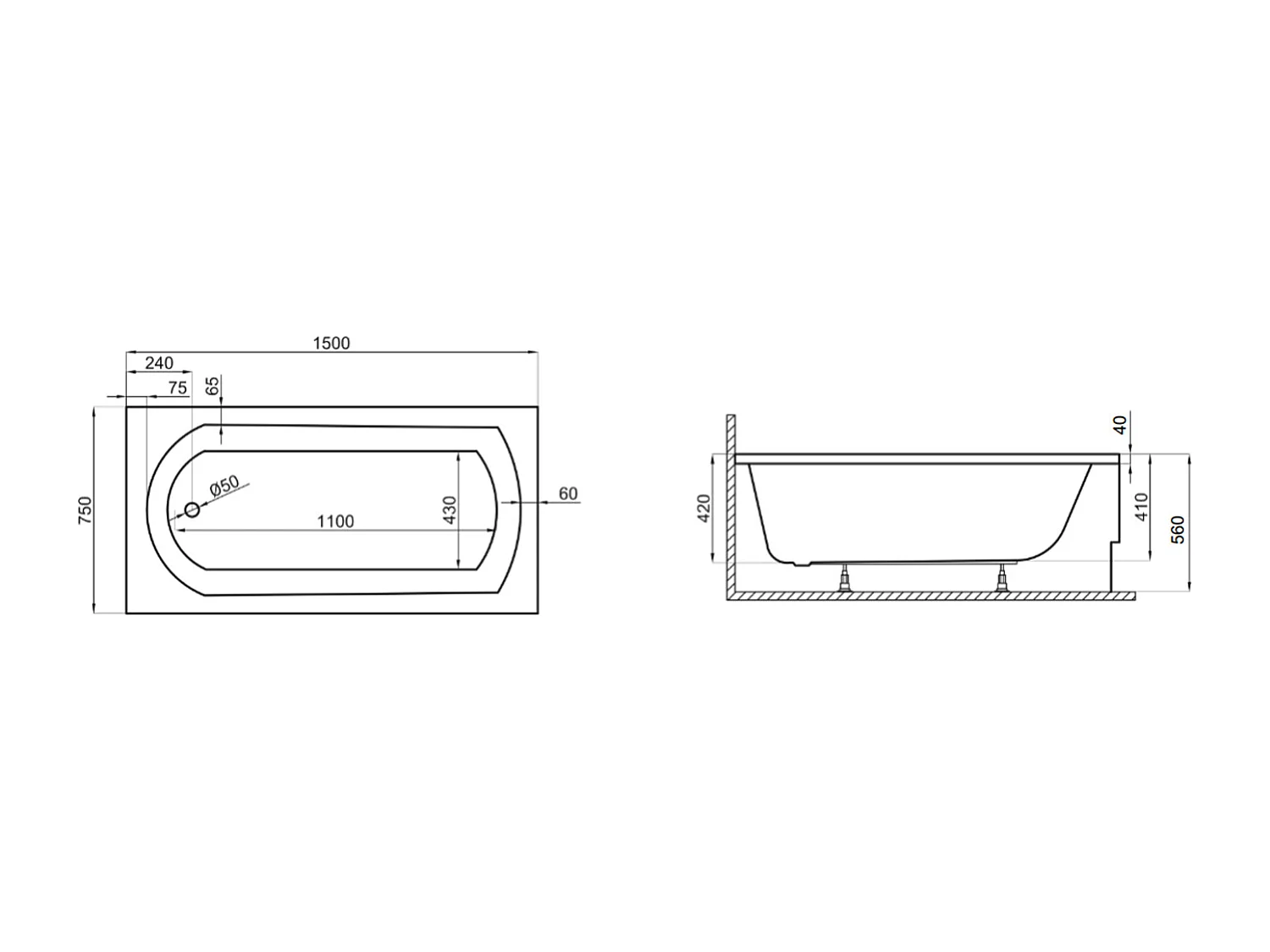 Baignoire rectangulaire 150x75 CLASSIC acrylique blanc + Support stabilisateur en polystyrène + Pieds + Vidage à chromé