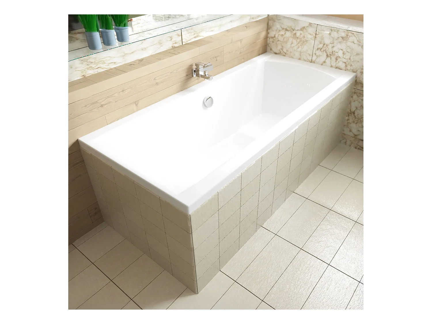 Baignoire rectangulaire 180x80 INES acrylique blanc + Habillage en polystyrène + Pieds + Vidage à chromé