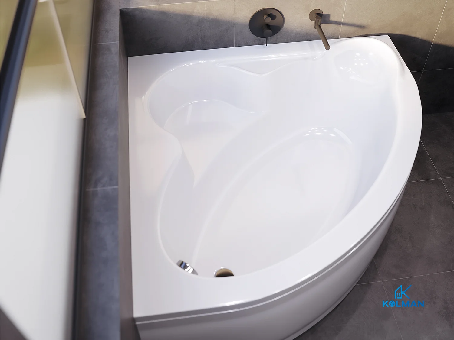 Baignoire asymétrique 130x130 STANDARD acrylique blanc, sans Habillage + Pieds + Vidage à chromé