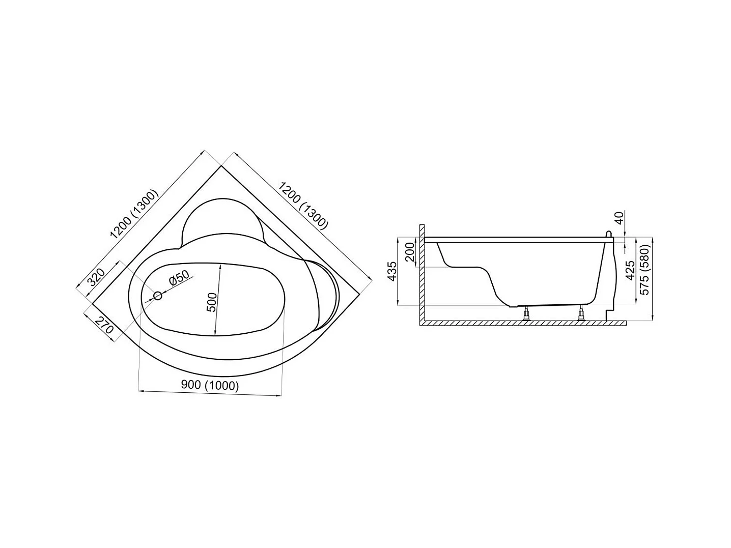 Baignoire asymétrique 130x130 STANDARD acrylique blanc, sans Habillage + Pieds + Vidage à chromé