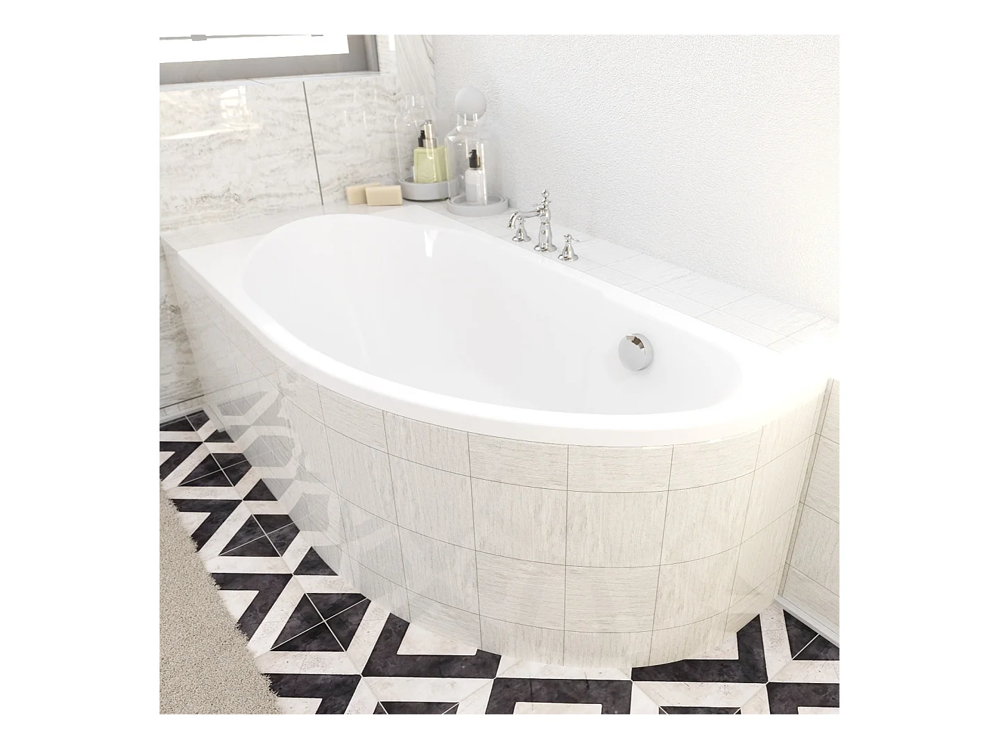 Baignoire asymétrique 140x70 Gauche MIKI acrylique blanc + Habillage en polystyrène + Pieds + Vidage à chromé