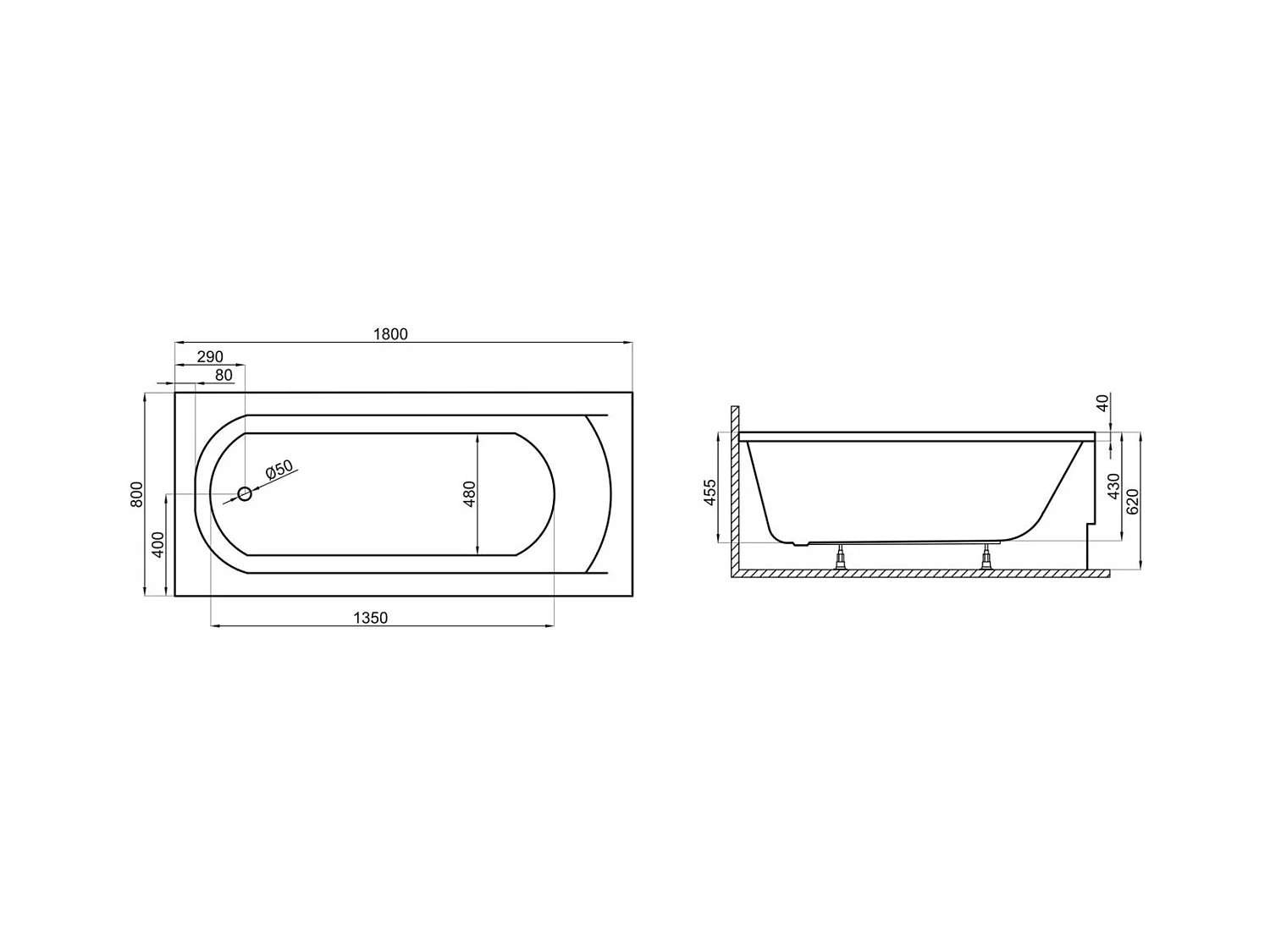 Baignoire rectangulaire 180x80 CLASSIC acrylique blanc + Support stabilisateur en polystyrène + Pieds + Vidage à chromé