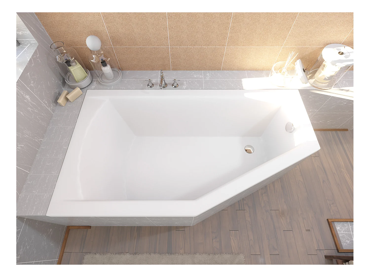 Baignoire asymétrique 160x90 Gauche SELENA acrylique blanc + Habillage en polystyrène + Pieds + Vidage à chromé