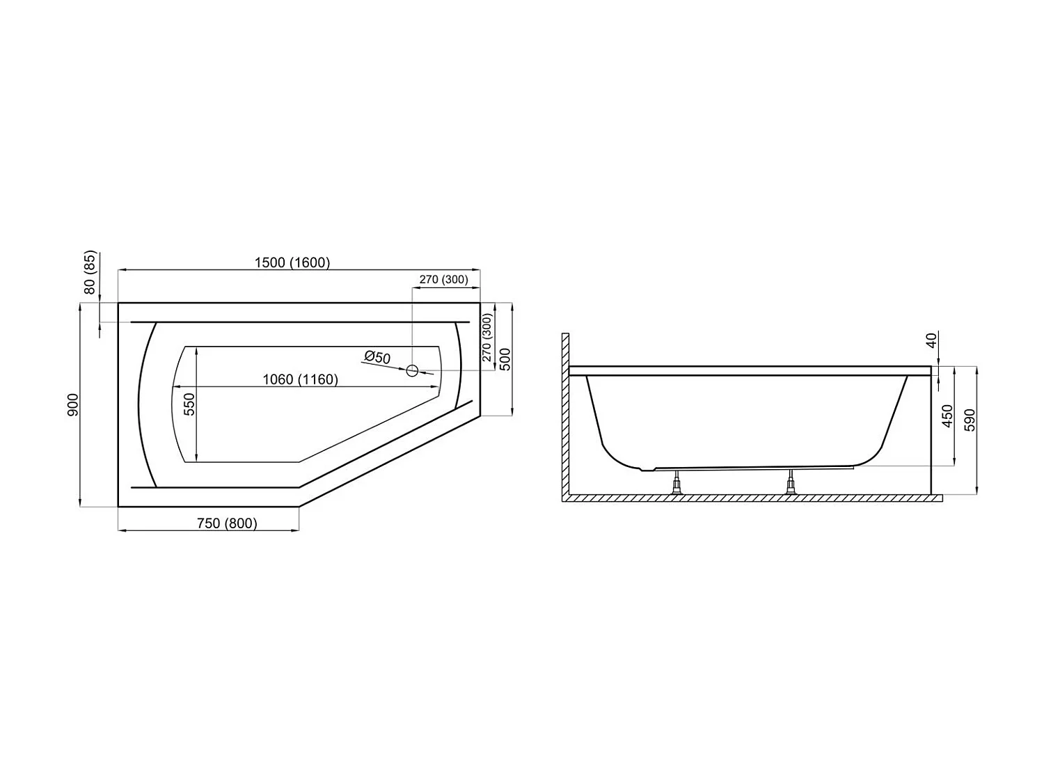 Badewanne Eckwanne SELENA 160x90 Links mit Styroporverkleidung | Ablauf & Füße GRATIS !