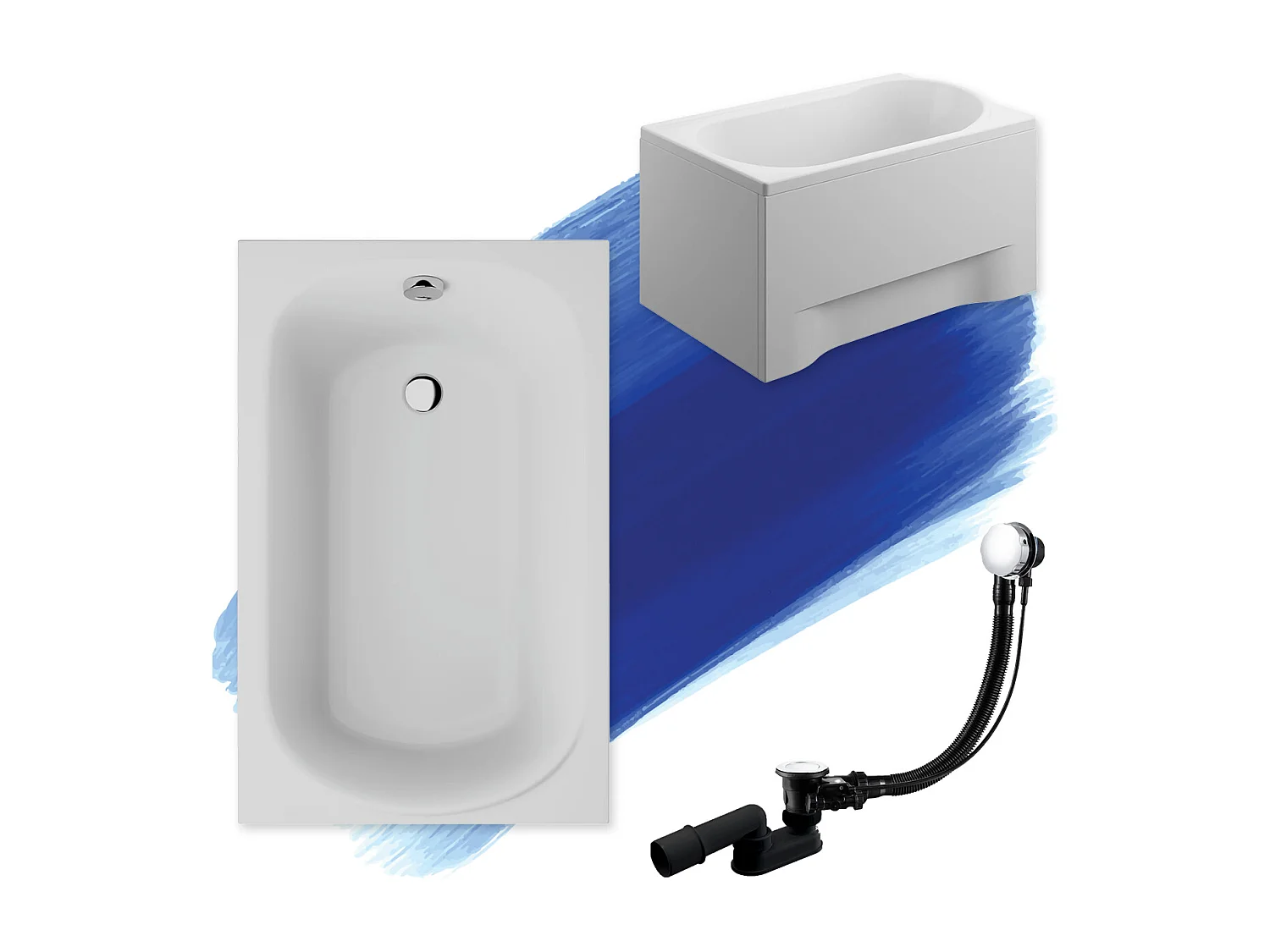 Baignoire rectangulaire 110x70 MINI acrylique blanc + avec Tablier + Pieds + Vidage à chromé