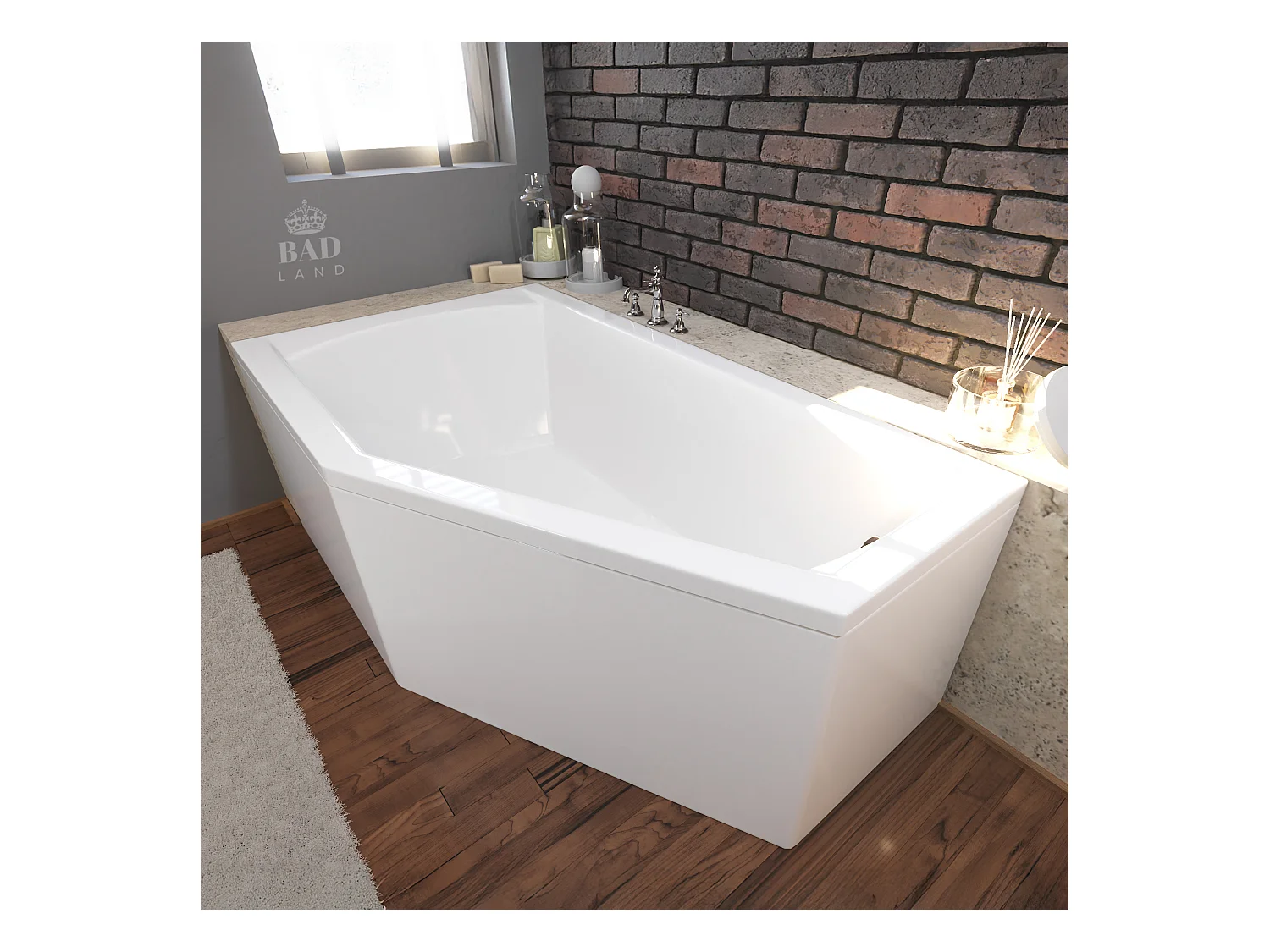 Baignoire asymétrique 160x90 Droite SELENA acrylique blanc + avec Tablier + Pieds + Vidage à chromé