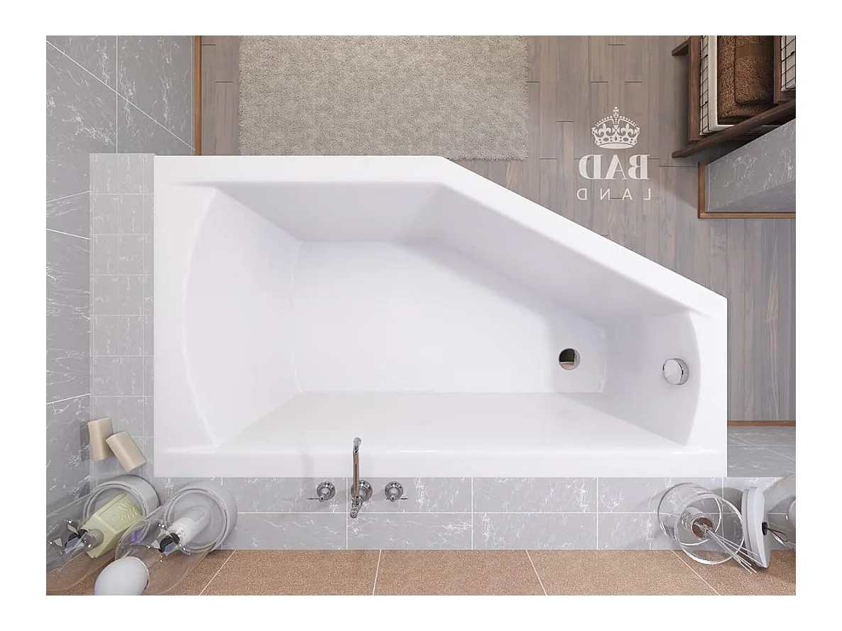 Baignoire asymétrique 160x90 Droite SELENA acrylique blanc + avec Tablier + Pieds + Vidage à chromé