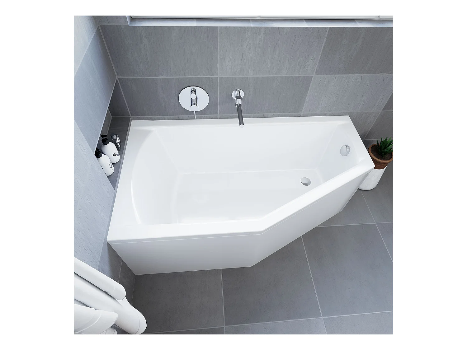 Baignoire asymétrique 160x90 Droite SELENA acrylique blanc + avec Tablier + Pieds + Vidage à chromé