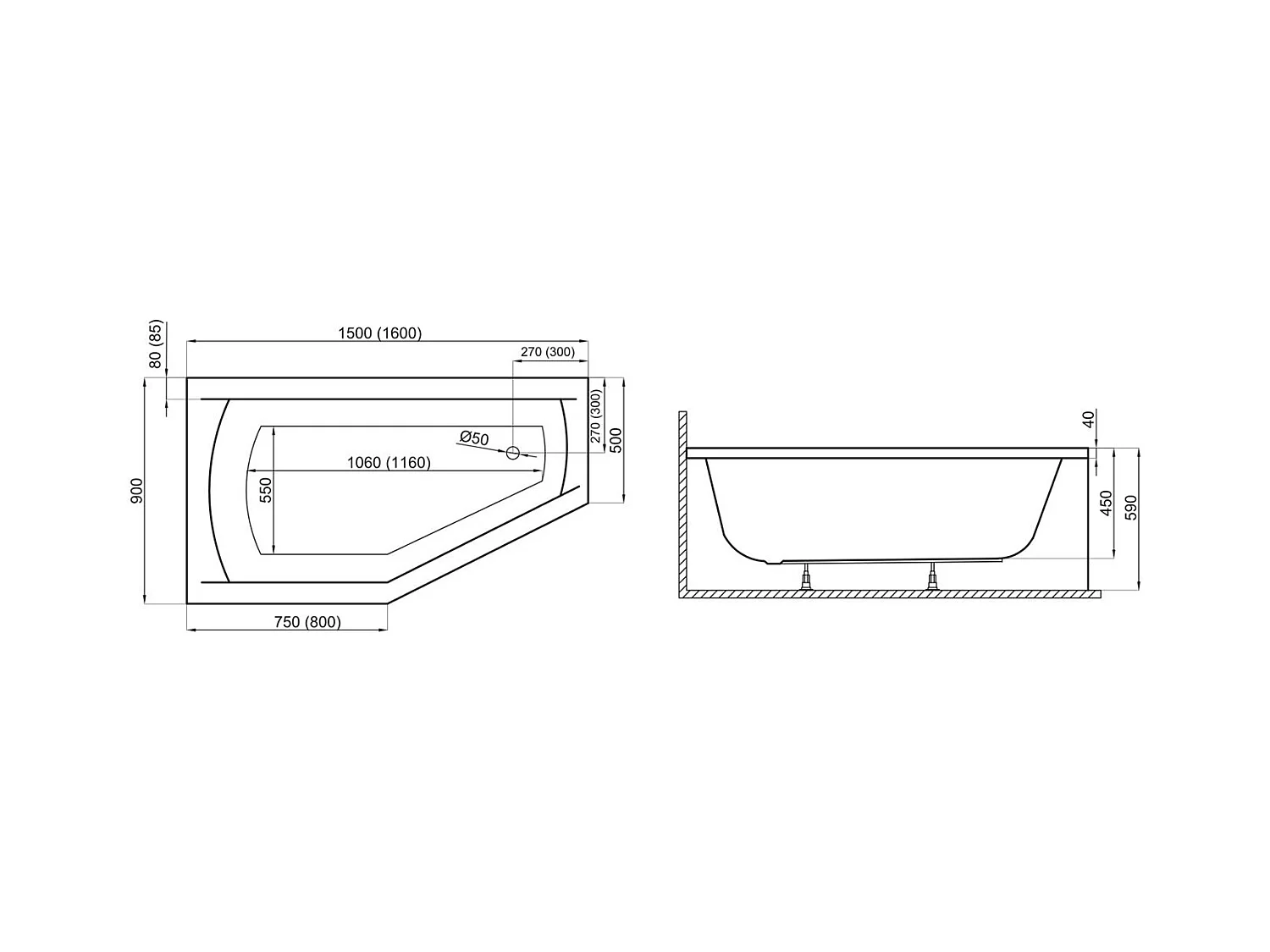 Badewanne Eckwanne SELENA 160x90 Rechts mit AcrylSchürze | Ablauf & Füße GRATIS !