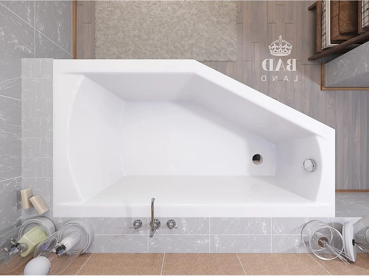 Baignoire asymétrique 160x90 Droite SELENA acrylique blanc + avec Tablier + Pieds + Vidage à chromé