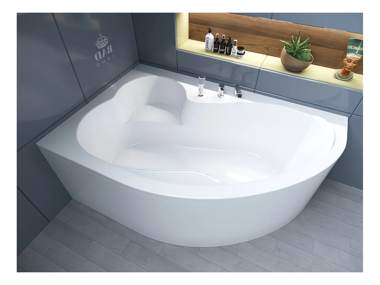 Baignoire asymétrique 160x105 Gauche MEGA acrylique blanc, sans Habillage + Pieds + Vidage à chromé