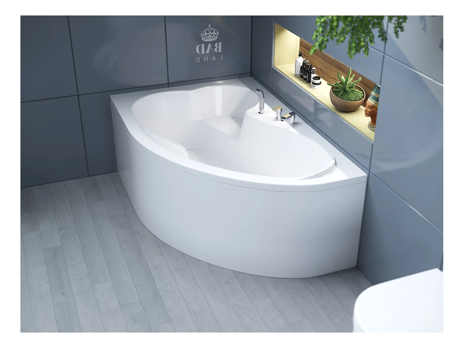 Baignoire asymétrique 160x105 Gauche MEGA acrylique blanc, sans Habillage + Pieds + Vidage à chromé