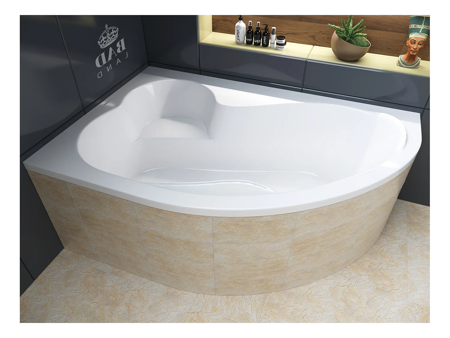 Baignoire asymétrique 160x105 Gauche MEGA acrylique blanc, sans Habillage + Pieds + Vidage à chromé