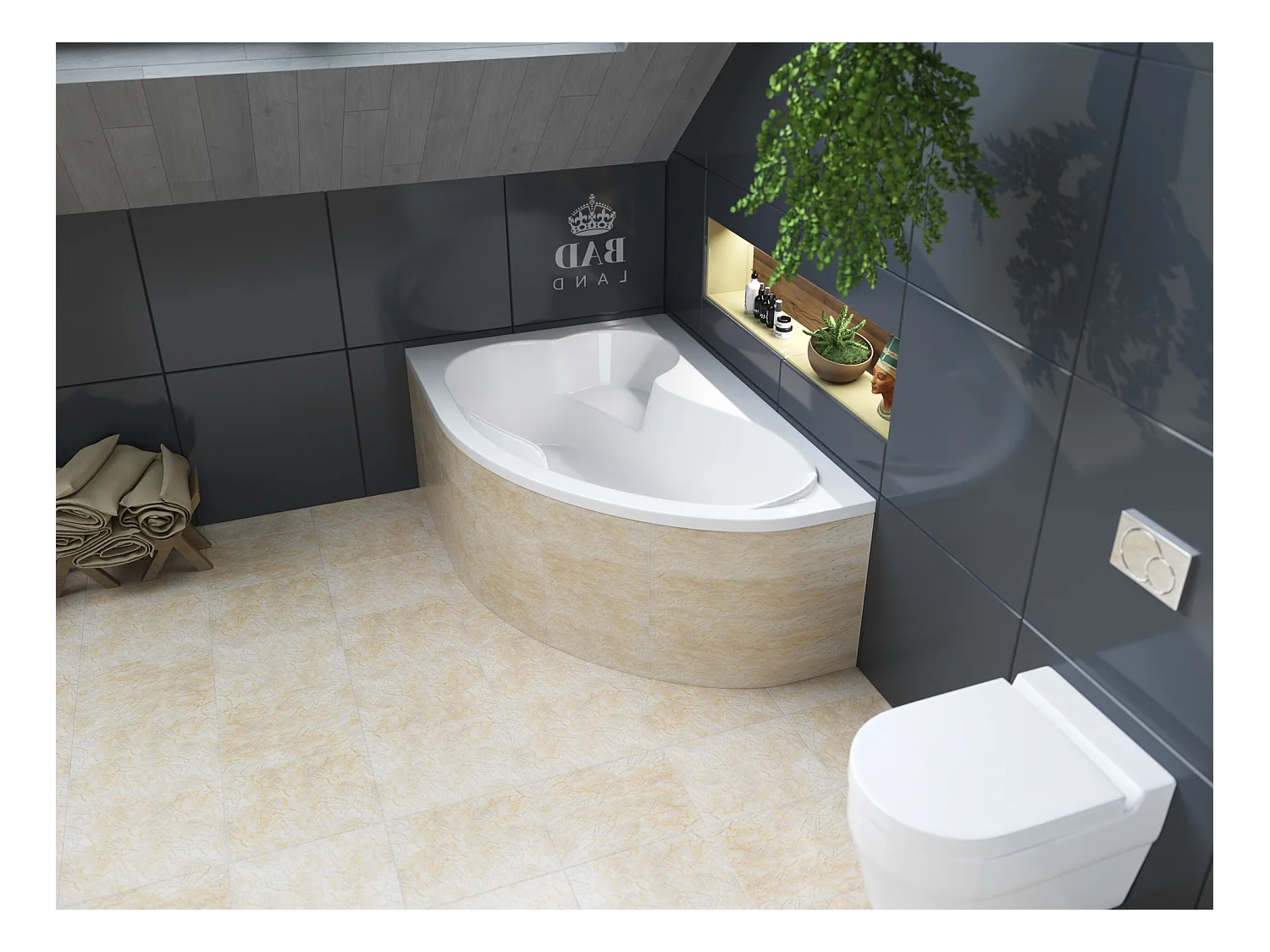 Baignoire asymétrique 160x105 Gauche MEGA acrylique blanc, sans Habillage + Pieds + Vidage à chromé