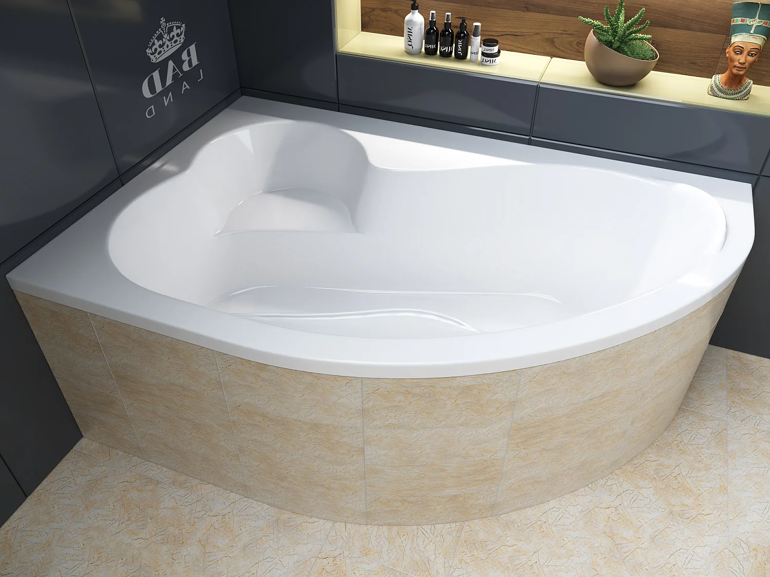 Baignoire asymétrique 160x105 Gauche MEGA acrylique blanc, sans Habillage + Pieds + Vidage à chromé