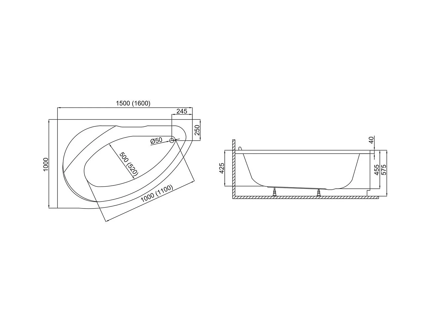 Badewanne Eckwanne MAREA 160x100 Rechts mit AcrylSchürze | Ablauf & Füße GRATIS !
