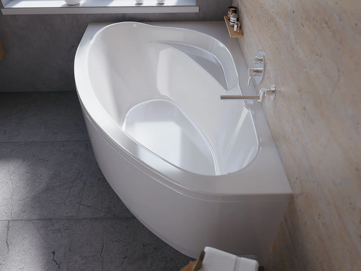 Baignoire asymétrique 160x100 Droite MAREA acrylique blanc + avec Tablier + Pieds + Vidage à chromé