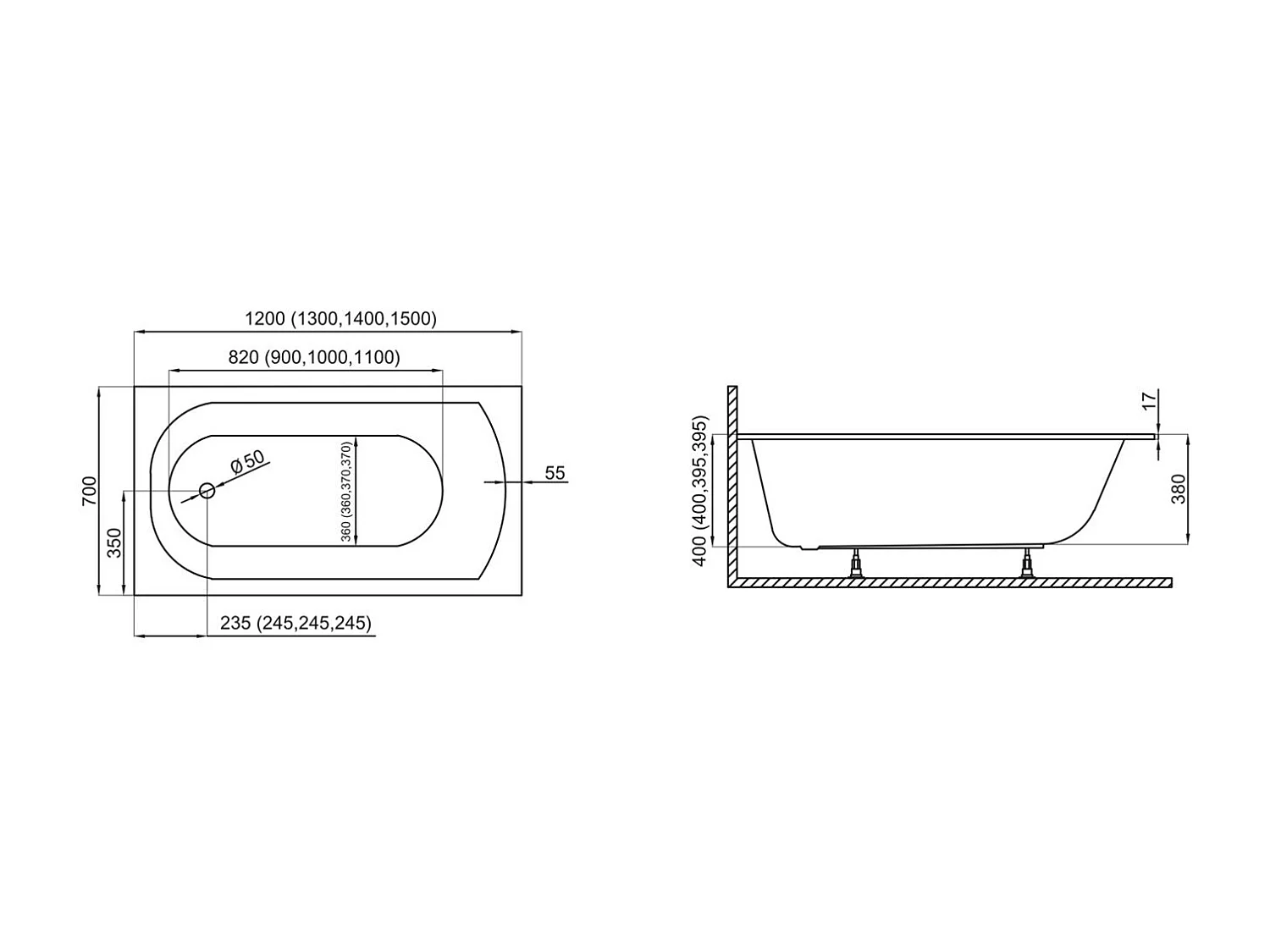 Baignoire rectangulaire 140x70 CLASSIC SLIM acrylique blanc + Habillage en polystyrène + Pieds + Vidage à chromé