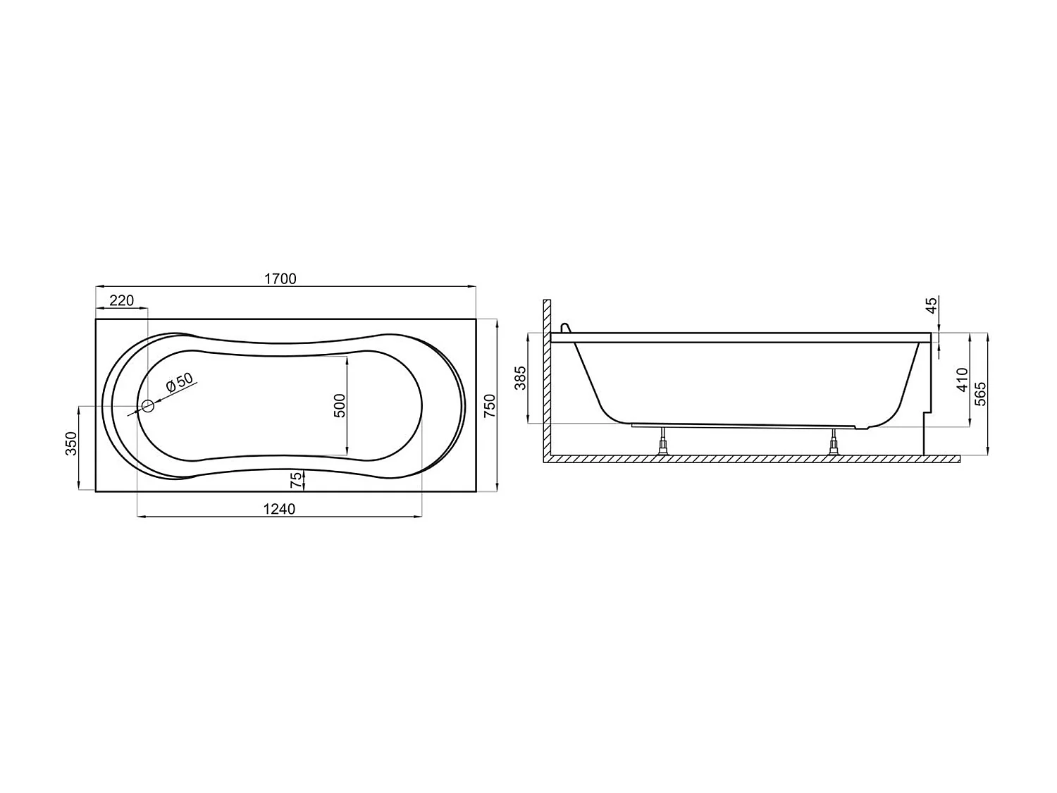 Badewanne Rechteck GRACJA 170x75 | Ablauf & Füße GRATIS !