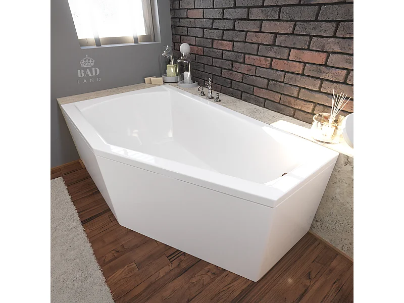 Baignoire asymétrique 150x90 Droite SELENA acrylique blanc + avec Tablier + Pieds + Vidage à chromé