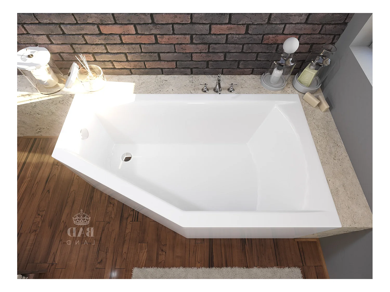 Baignoire asymétrique 150x90 Droite SELENA acrylique blanc + avec Tablier + Pieds + Vidage à chromé