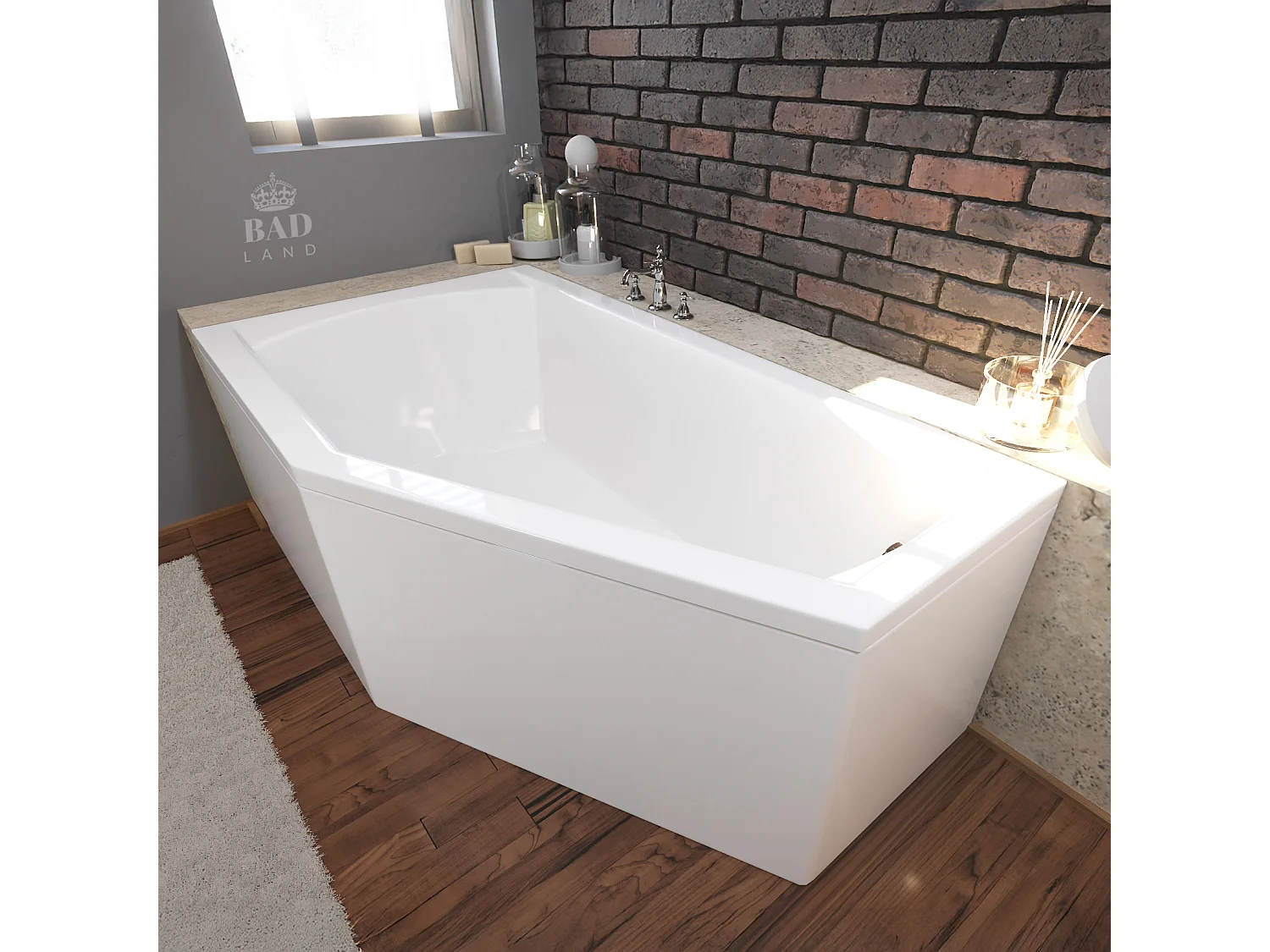 Baignoire asymétrique 150x90 Droite SELENA acrylique blanc + avec Tablier + Pieds + Vidage à chromé