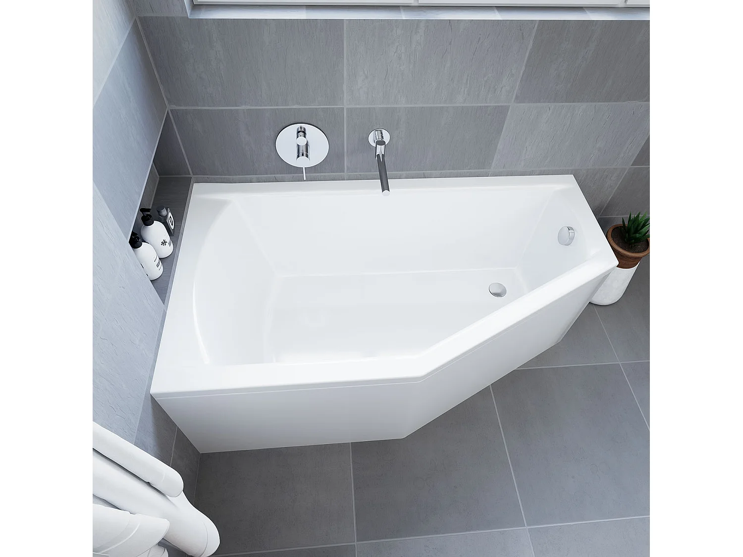 Baignoire asymétrique 150x90 Droite SELENA acrylique blanc + avec Tablier + Pieds + Vidage à chromé