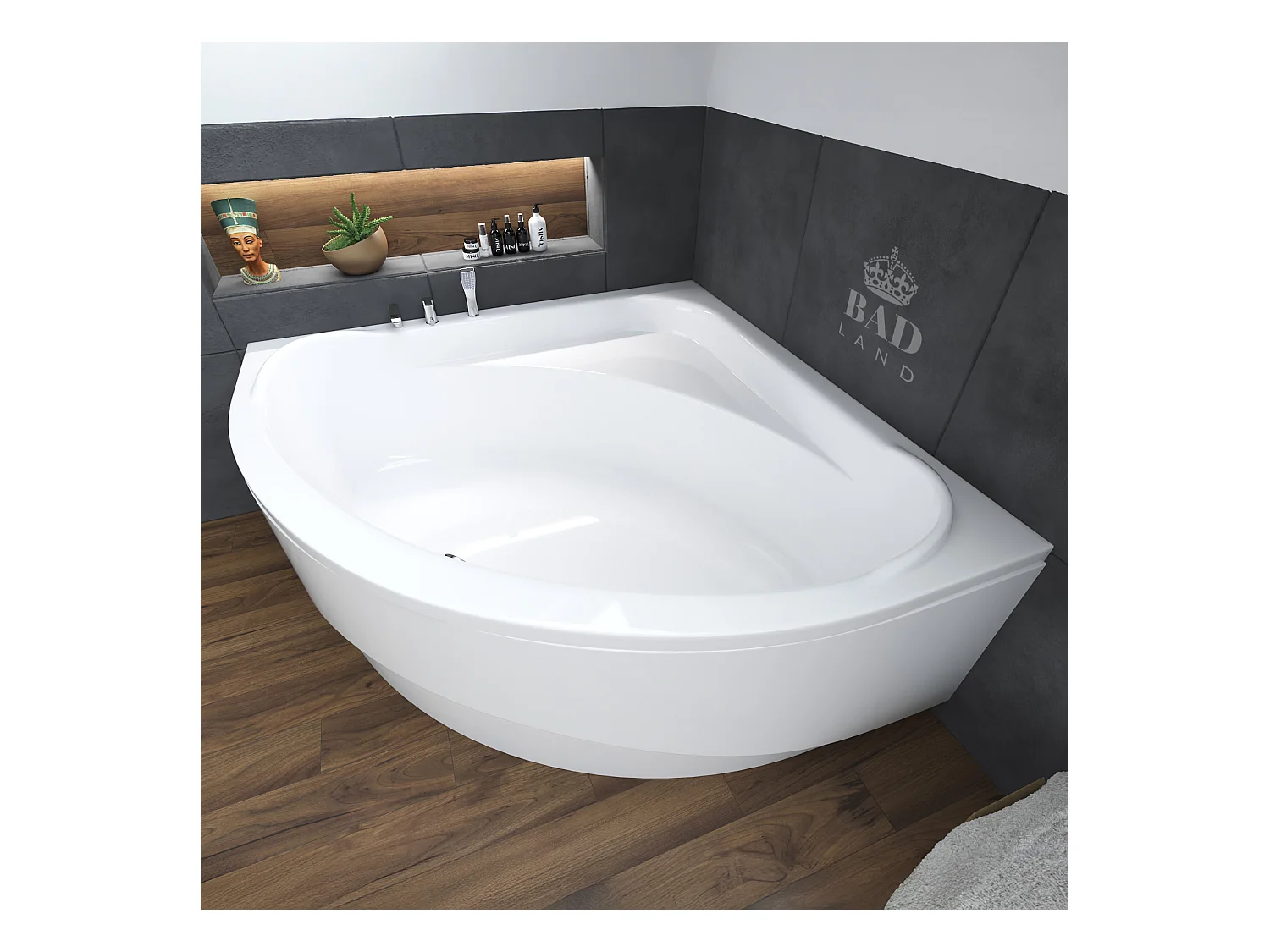 Baignoire asymétrique 140x140 STANDARD acrylique blanc + avec Tablier + Pieds + Vidage à chromé