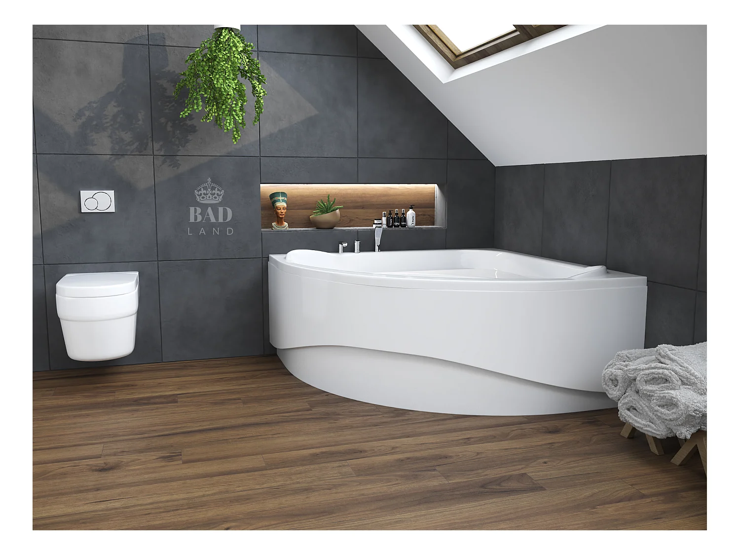 Baignoire asymétrique 140x140 STANDARD acrylique blanc + avec Tablier + Pieds + Vidage à chromé