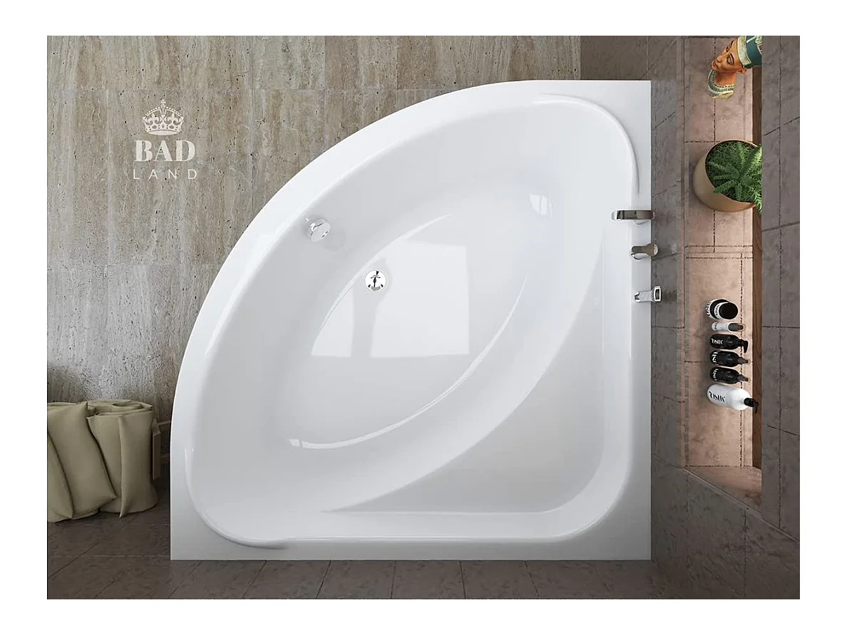 Baignoire asymétrique 140x140 STANDARD acrylique blanc + avec Tablier + Pieds + Vidage à chromé