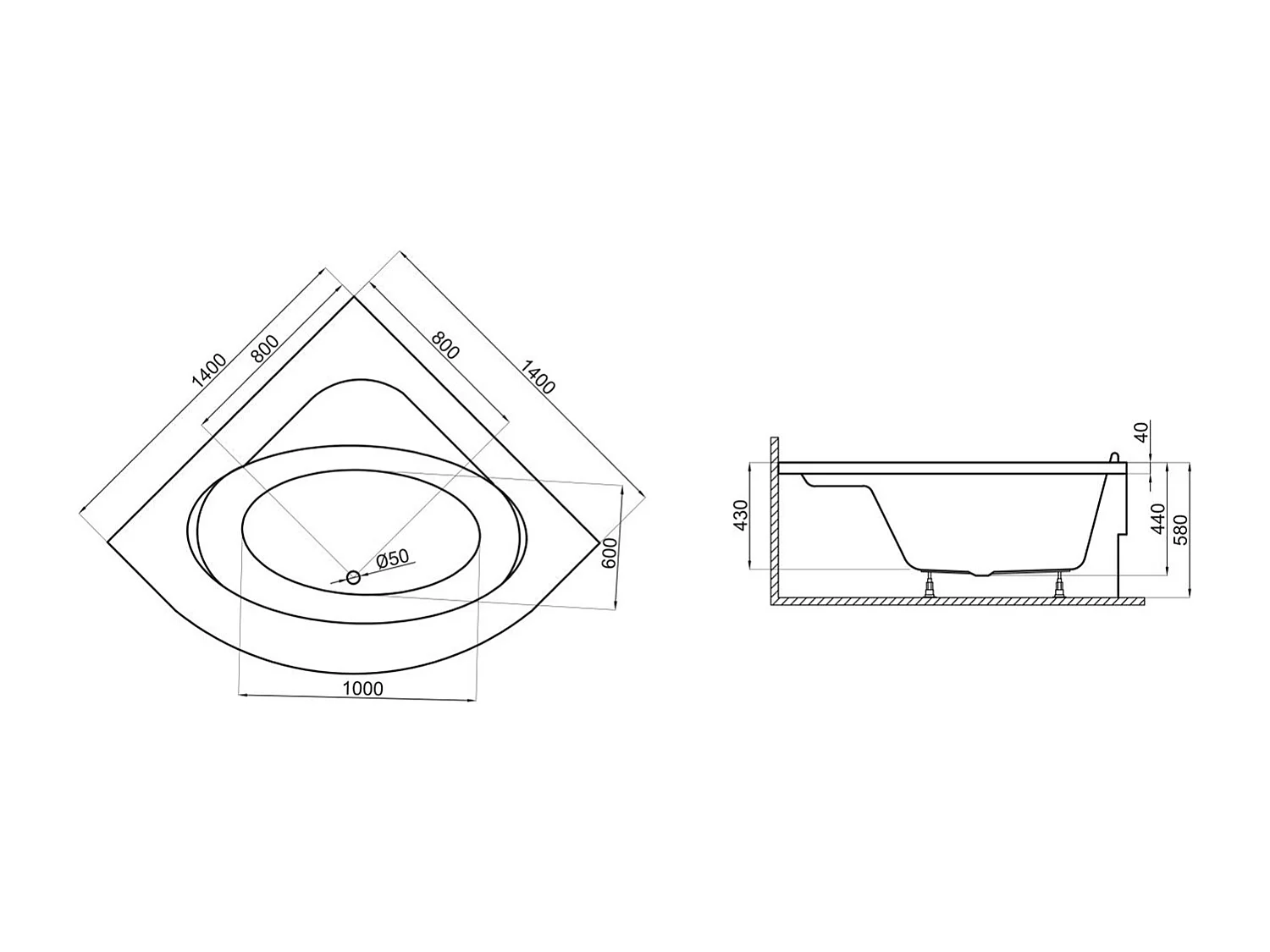 Hoekbad STANDARD 140x140 met acrylrand | Afvoer &amp; poten GRATIS!