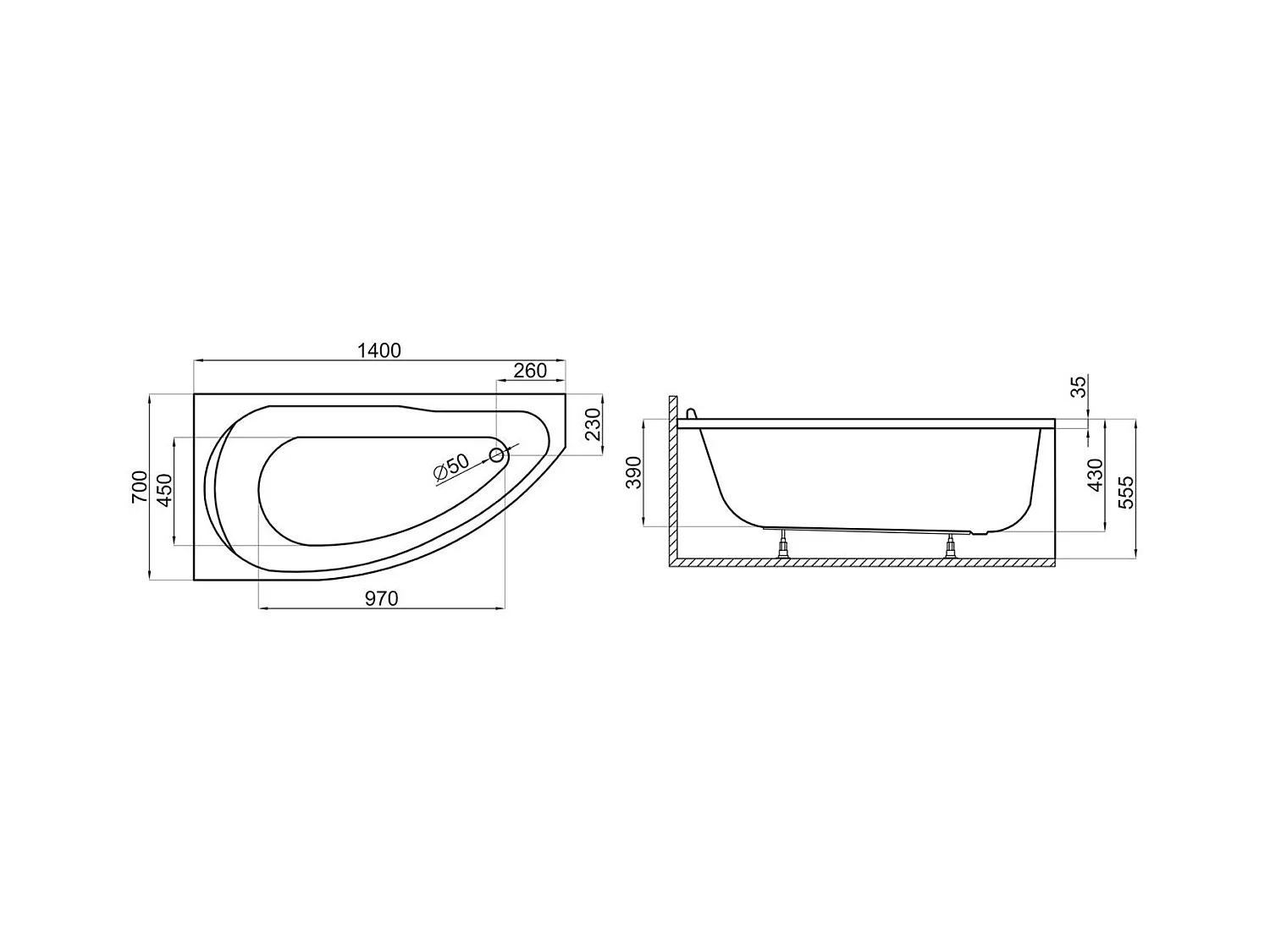 Badewanne Eckwanne MIKI 140x70 Links mit AcrylSchürze | Ablauf & Füße GRATIS !